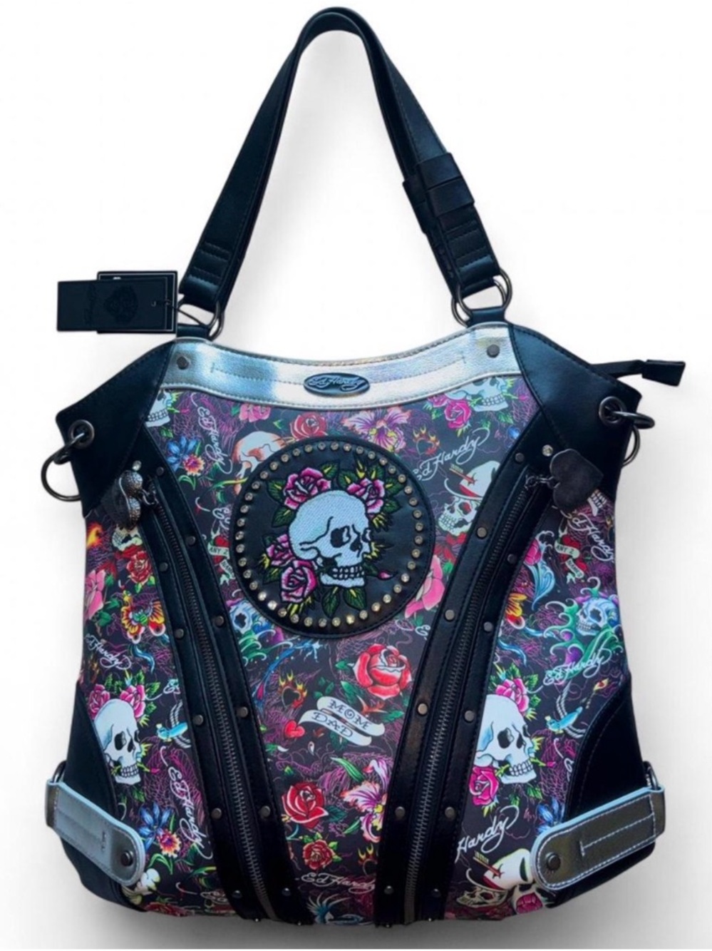 NWT Ed Hardy y2k Black Tote Bag with Pink & Green Floral Skull Motif